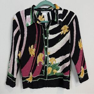 Vintage Alberto Makali Floral Crinkle Sequin Shirt L